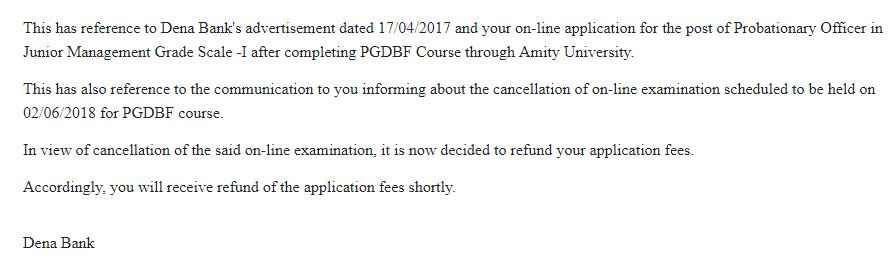 Dena Bank PO Application Fee 