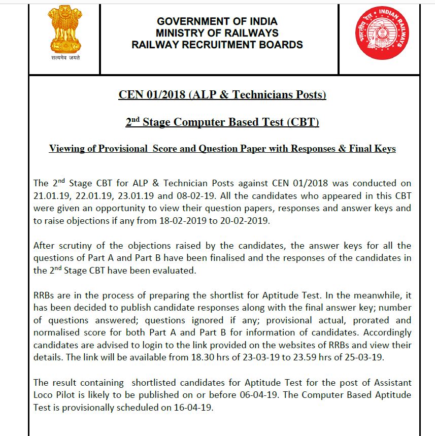 RRB ALP CBT 2 result Date 2019